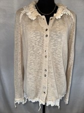 Vintage Blue Willi’s Linen Blend Cardigan Ruffle Collar Boho Cottagecore Raw Hem picture