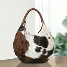 Genuine Cowhide Leather Hobo Bag Brown & White Cow Print Western Shoulder Purs picture