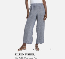 $178 NWT Eileen Fisher Sz 2X Organic Linen Pant Denim Blue/White Stripe W40xL28 picture