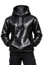 Men’s Glossy Crocodile Embossed Leather Hoodie | Luxury Streetwear Pullover  picture
