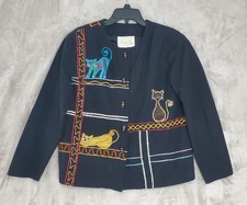 Vtg Daniel K New York Cat Blazer Jacket Womens S Black Embroidered Cat Lady EUC picture