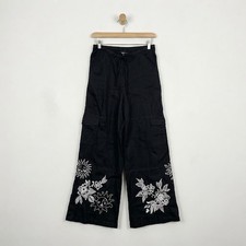 JW Los Angeles Black Embroidered Sun & Moon Linen Cargo Pants Size XS Wide Leg picture