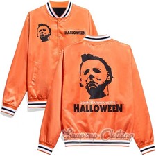 Unisex Boogeyman Michael Myers Orange Satin Bomber Halloween Week Varsity Jacket picture