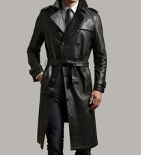 Mens Black Genuine Lambskin Leather Stylish Trench Coat Casual Style Long Coat picture