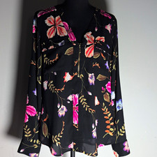 Express Women’s M Black Floral Long Sleeve Zip Front Blouse Zipper Accent picture