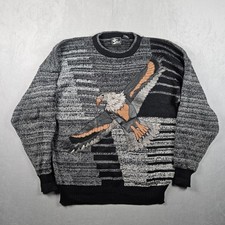 Vintage Bald Eagle Sweater Men XL Gray Graphic Leather Patch Alan Stuart Acrylic picture