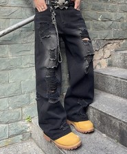 Men's Y2K Baggy Ripped Jeans Black Distressed Wide Leg Loose Fit Hip Hop Denim picture