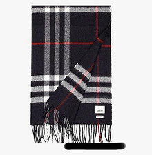 Burberry Men's Cashmere Plaid Scarf Black Gray White Red Fringe Logo picture