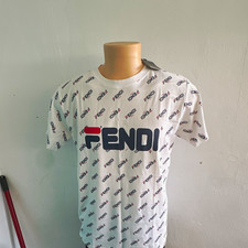 Fendi Men’s White Allover Logo Graphic Print Crew Neck T-Shirt Size L picture