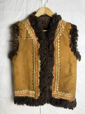 VTG Afghan Vest Womens Waistcoat Brown Lamb skin Wool Suede Embroidered  picture