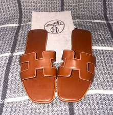 Hermès Oran Women’s Brown Leather Logo H-Strap Slide Sandals Slip-On US 7.5 picture