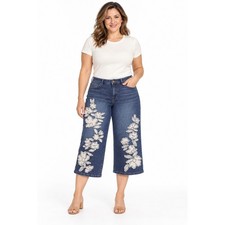 DG2 Diane Gilman 12P Floral Applique Wide Leg Capri Stretch Denim Jeans NWT picture