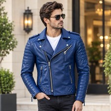 Men's Genuine Leather Jacket, Classic Biker Motorcycle Casual Outerwear Blue picture