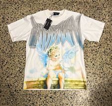 EMOTION White Rhinestone Angel Graphic Print Crew Neck Short Sleeve T-Shirt L picture