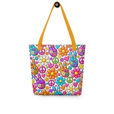 Retro Hippie Peace Sign Tote Bag Colorful Groovy Flowers Boho 70s Style picture