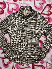 Vintage Y2K Simple Brown Gold Shimmer Geometric Blouse Belted Flower Buttons picture