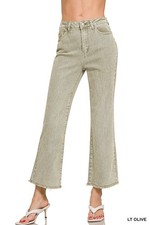 Zenana Lt Olive Acid Washed High Waist Frayed Hem  Crop Bootcut Jeans picture