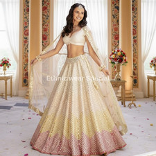 Cream Embroidered Lehenga Choli Mirror Work Bridal Wedding Stitched Custom Size picture