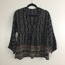 MADEWELL Black Multi-Color Print 100% Silk Dolman Sleeve Shirt Womens sz Small picture