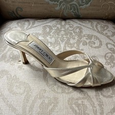 Jimmy Choo Gold Leather Strappy Open Toe Kitten Heel Mules EU 37 US 7 073LEAVE picture