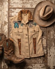Denim Repurposed Vintage Vest With Leather, Leppard Fabric An Embroidery Patches picture