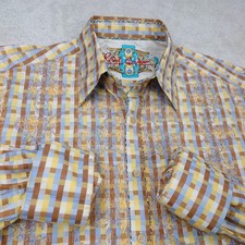 NWT Robert Graham Yellow Grid Plaid Men's L Embroidered Paisley Button Up Shirt picture
