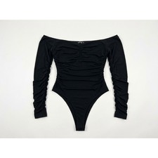 Fashion Nova Bodysuit Womens XL Black Excellent Ruched Off Shoulder Long Sleeve picture