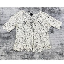 Say What Questions Ivory Crochet Floral Lace Button Front Top Sz L Preppy picture