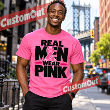 Real Men Wear Pink Breast Cancer Awareness T-Shirt Men’s Pink Ribbon Tee picture