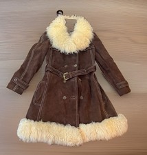 VTG 70s Penny Lane Suede Shearling Coat Boho Hippie Afghan Jacket Heart Patch picture