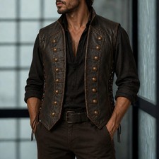 Brown Leather Men's Vest Steampunk Biker Gothic Military Button Waistcoat picture