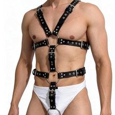 Men Punk Gothic PU Leather Body Harness with O‑Ring Decor Suspender Set picture