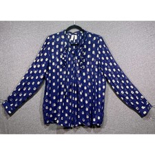 Meadow Rue Anthropologie Navy Blue Gold Metallic Polka Dot Tie Neck Blouse US 8 picture