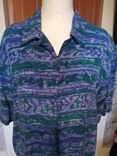 VINTAGE Quo -Silk Blouse button up short sleeve Abstract Pattern Large 100%Silk picture