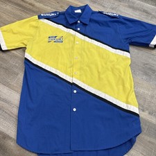 Vtg Suzuki Shirt Mens L Team Racing 90s Blue Yellow Pit Crew Button Up Mechanic picture