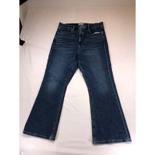 LOFT The Kick Crop Jeans Dark Wash High Rise Flare Blue Denim Size 32 14 picture