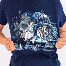 Vintage Alaska Wolf Graphic Navy Blue T-Shirt picture
