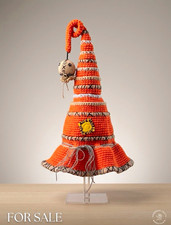 Handmade Crochet Halloween Witch Hat Orange Beige Black Yellow One Size picture