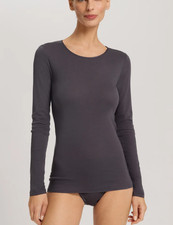 Hanro 71620 Women's Cotton Seamless Long Sleeve Top L Black Pearl MSRP $120 NWT picture