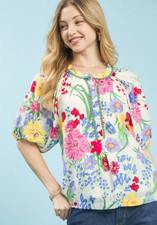 Umgee Boho Floral Lace Detail Short Sleeve Blouse Top picture
