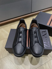 Zegna Triple Stitch Men Sneakers Black Pebbled Leather Slip On Sneakers picture
