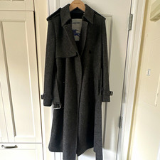 Burberry Gray Wool Long Trench Coat Size 40 Belted Collared Button Pre-Owned picture