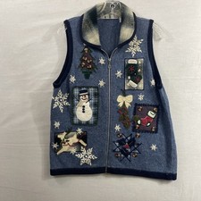 OHI Vintage Blue Holiday Christmas Embroidered Vest Size Medium picture