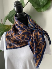 Vintage Scarf – Baroque Scroll Print – Royal Blue & Bronze Color – 30