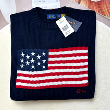 POLO RALPH LAUREN Navy American Flag Cotton Sweater Men Medium picture