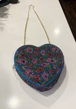RARE Betsey Johnson Stone Heart Blue Floral & Rhinestone Purse Gold Chain picture