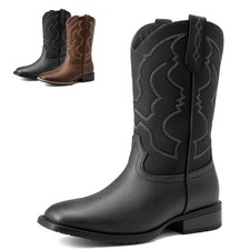 Men's Western Cowboy Boots Square Toe Pull On Embroidered Casual Boots picture