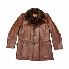 Vintage 1970s William Barry Brown Leather Coat Faux Fur Lined | Made in USA picture