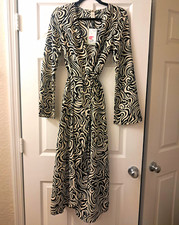 H&M Women's Abstract Black/White Wrap Midi Dress V-Neck Long Sleeve Tie M picture
