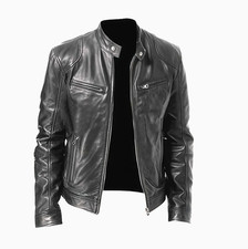 Cafe Racer Men's Motorcycle Leather Jacket Genuine Sheepskin Biker Black Jacket picture